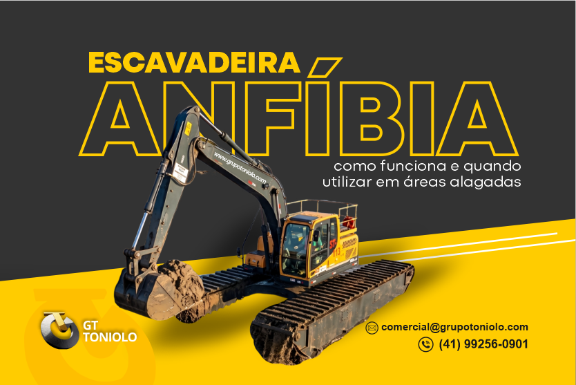 Escavadeira anfíbia GT Toniolo operando, com o site www.grupotoniolo.com na lança do equipamento
